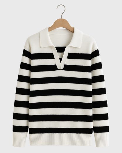 Moteriškas dryžuotas polo megztinis