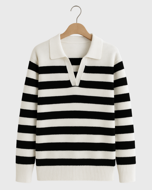 Moteriškas dryžuotas polo megztinis