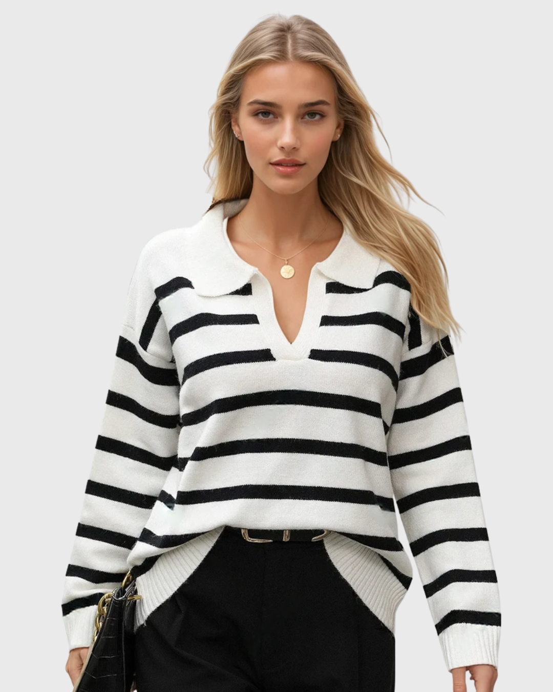 Moteriškas dryžuotas polo megztinis