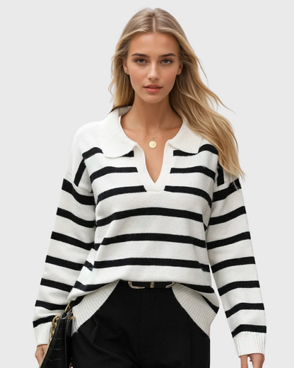 Moteriškas dryžuotas polo megztinis