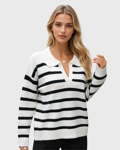 Moteriškas dryžuotas polo megztinis