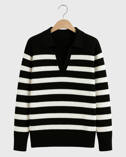 Moteriškas dryžuotas polo megztinis