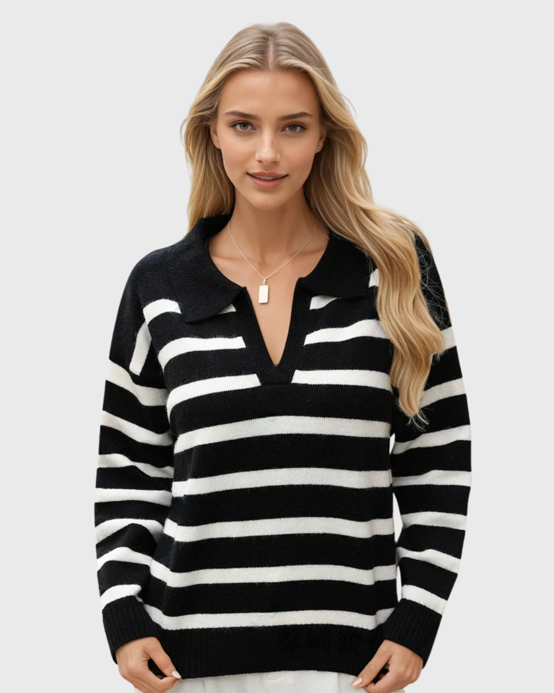 Moteriškas dryžuotas polo megztinis