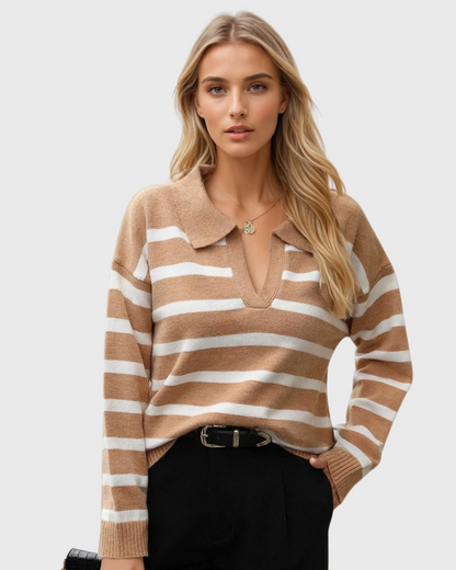 Moteriškas dryžuotas polo megztinis