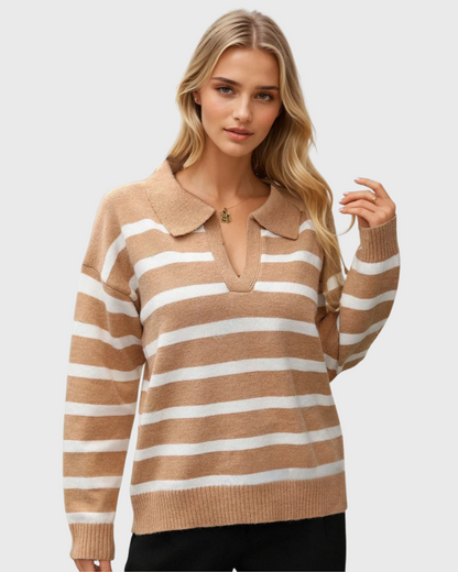 Moteriškas dryžuotas polo megztinis